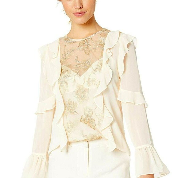 New* BCBG MAXAZRIA Floral Embroidered Ruffle Top Cream/Gold Color Size XS $228 - Picture 3 of 7